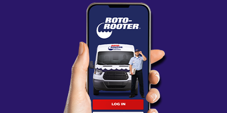 hand holding phone with Roto-Rooter App home screen