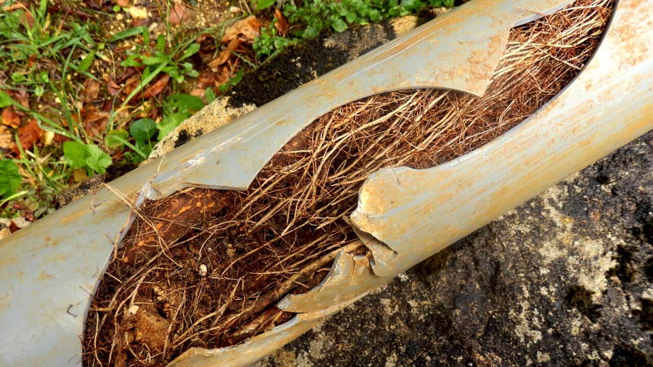 Invasive tree roots protruding from cracked sewer line pipe