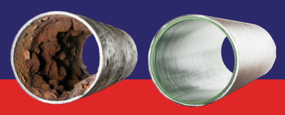 Interior view of pipe with scale, corrosion and buildup next to an interior view of a descaled and brush coated pipe