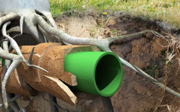 3-D digital rendering showing underground view of old pipe with new pipe liner inflated